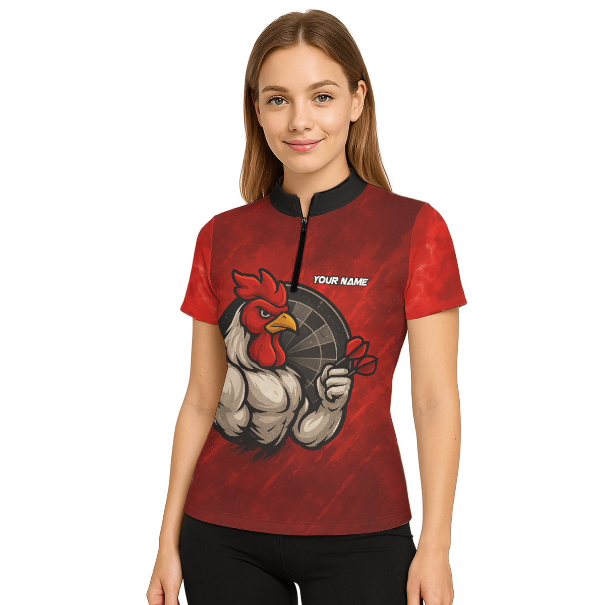 Personalisiertes Damen Dart Polohemd mit Lustigem Hahn & Wunsch Teamname Rot Schwarz - Outfitsuche