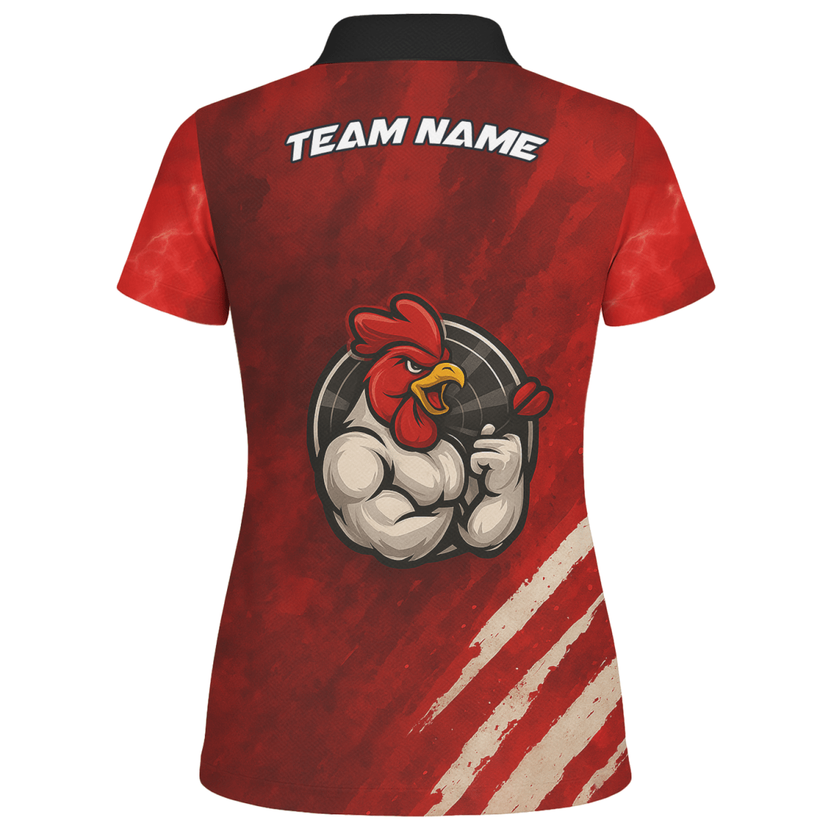 Personalisiertes Damen Dart Polohemd mit Lustigem Hahn & Wunsch Teamname Rot Schwarz - Outfitsuche