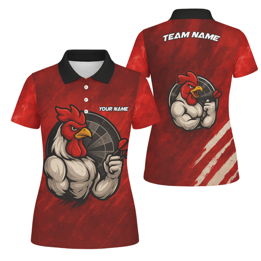 Personalisiertes Damen Dart Polohemd mit Lustigem Hahn & Wunsch Teamname Rot Schwarz - Outfitsuche