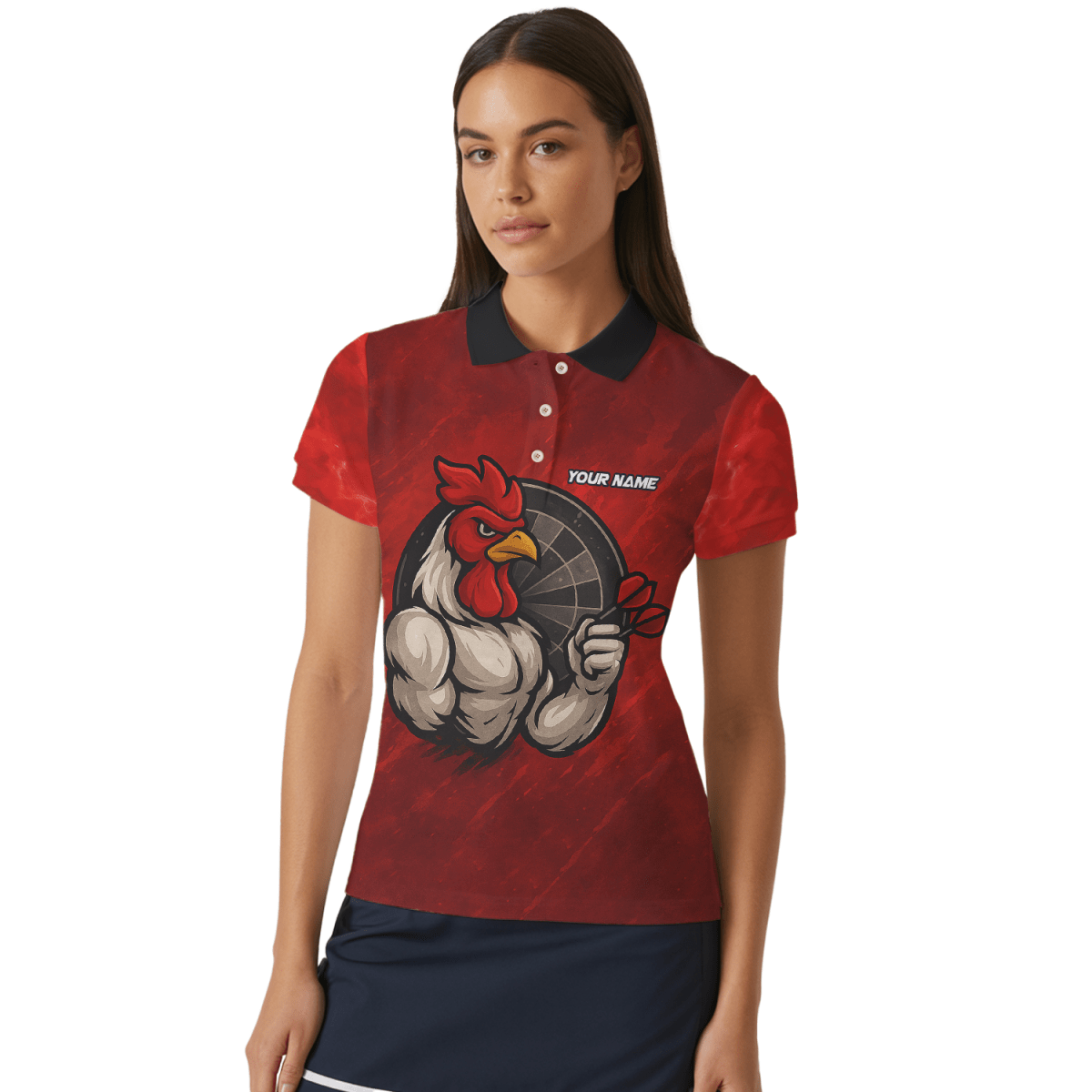 Personalisiertes Damen Dart Polohemd mit Lustigem Hahn & Wunsch Teamname Rot Schwarz - Outfitsuche