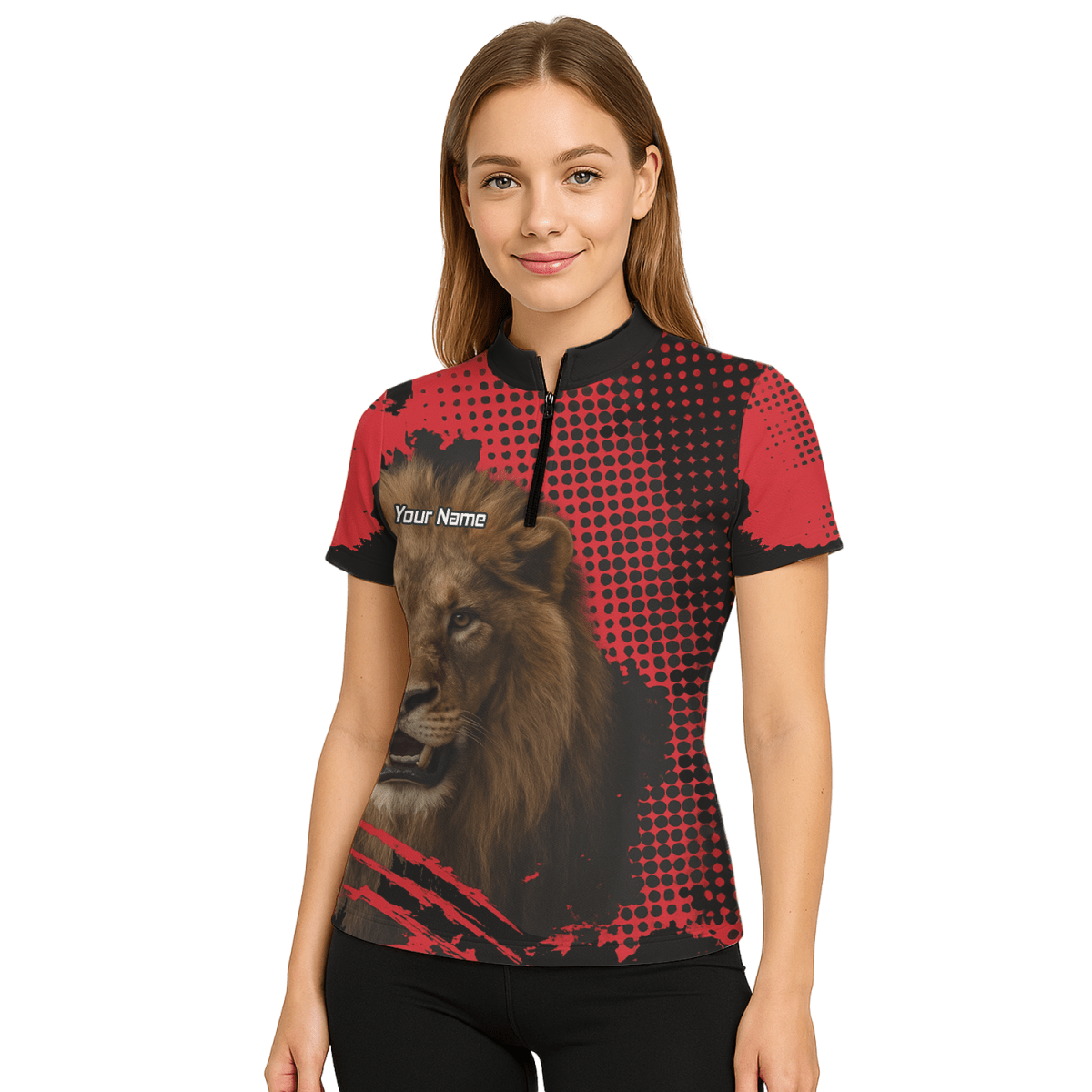 Personalisiertes Damen Dart Poloshirt – Brüllender Löwe Grunge Rot Schwarz V1720 - Outfitsuche