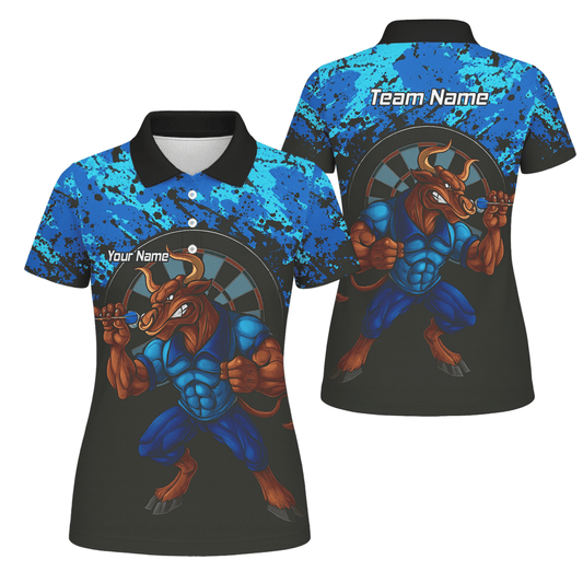Personalisiertes Damen Dart Poloshirt, Bullseye Motiv, Blau - Schwarz Splatter - Design Q5112 - Outfitsuche