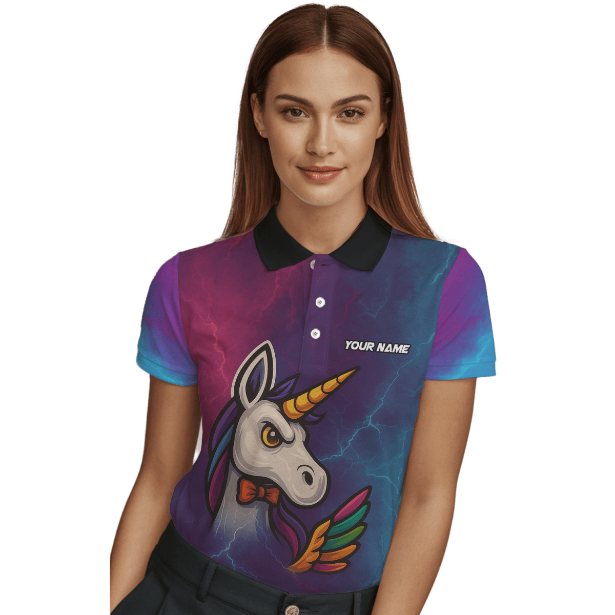 Personalisiertes Damen Dart Poloshirt Einhorn Regenbogen Blitz Lila Blau B1140 - Outfitsuche
