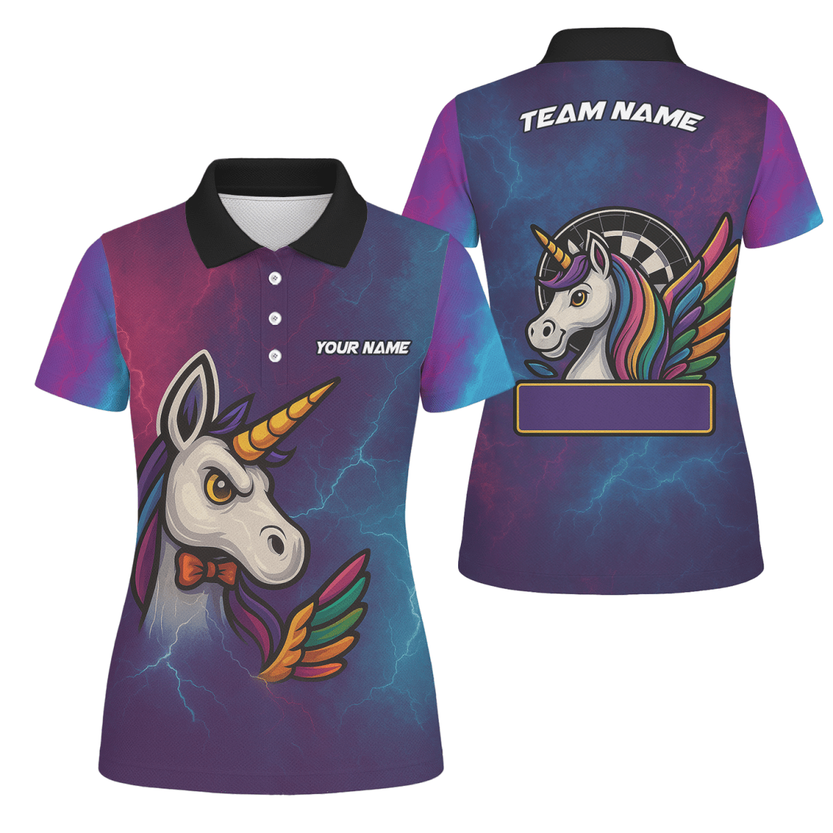 Personalisiertes Damen Dart Poloshirt Einhorn Regenbogen Blitz Lila Blau B1140 - Outfitsuche