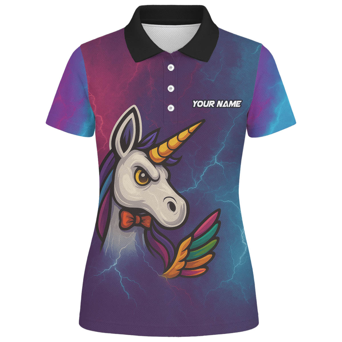 Personalisiertes Damen Dart Poloshirt Einhorn Regenbogen Blitz Lila Blau B1140 - Outfitsuche