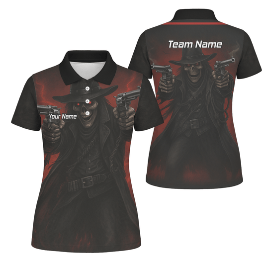 Personalisiertes Damen Dart Poloshirt – Gunslinger Totenkopf Design Schwarz Rot P5176 - Outfitsuche