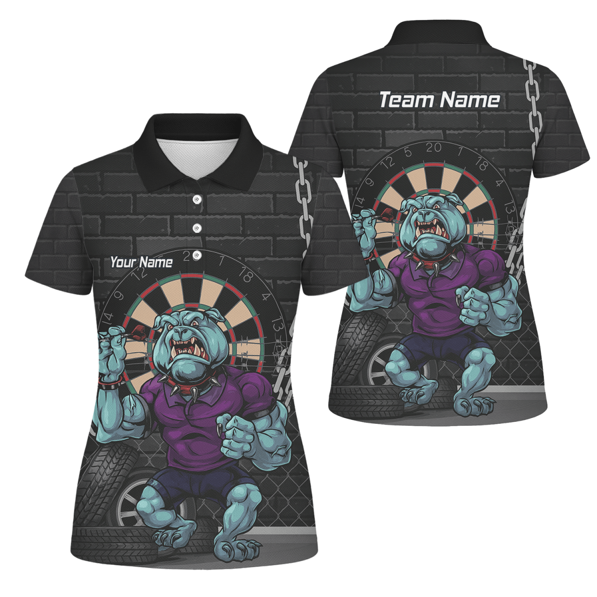 Personalisiertes Damen Dart Poloshirt mit Bulldogge Motiv – Schwarz Blau Lila K4947 - Outfitsuche