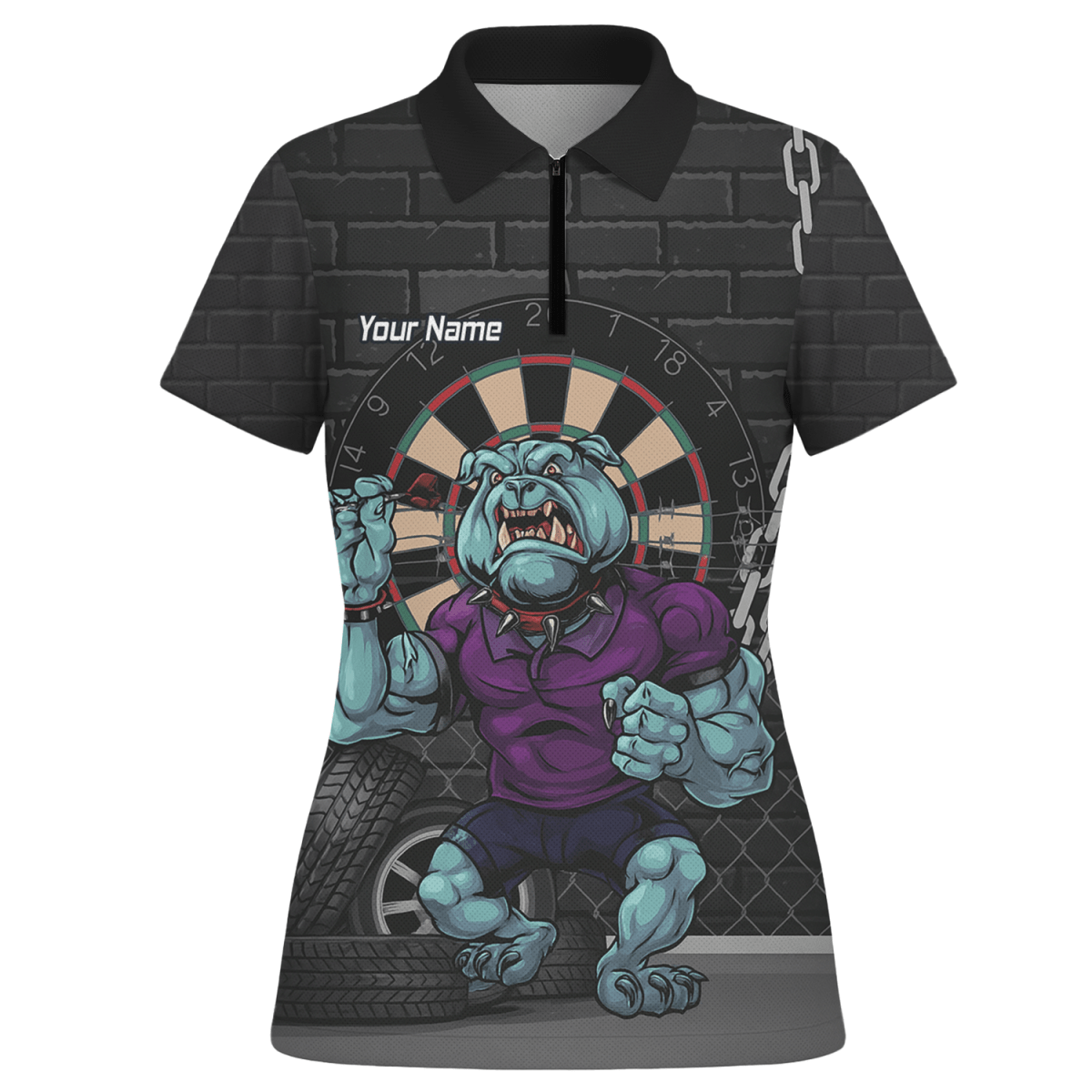 Personalisiertes Damen Dart Poloshirt mit Bulldogge Motiv – Schwarz Blau Lila K4947 - Outfitsuche