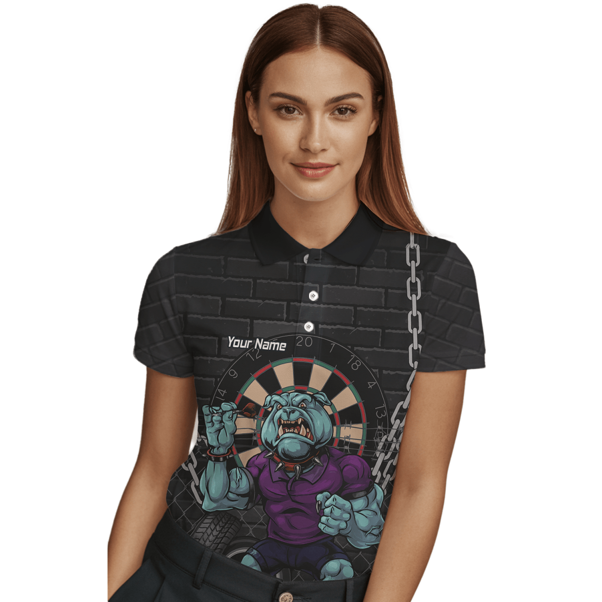 Personalisiertes Damen Dart Poloshirt mit Bulldogge Motiv – Schwarz Blau Lila K4947 - Outfitsuche