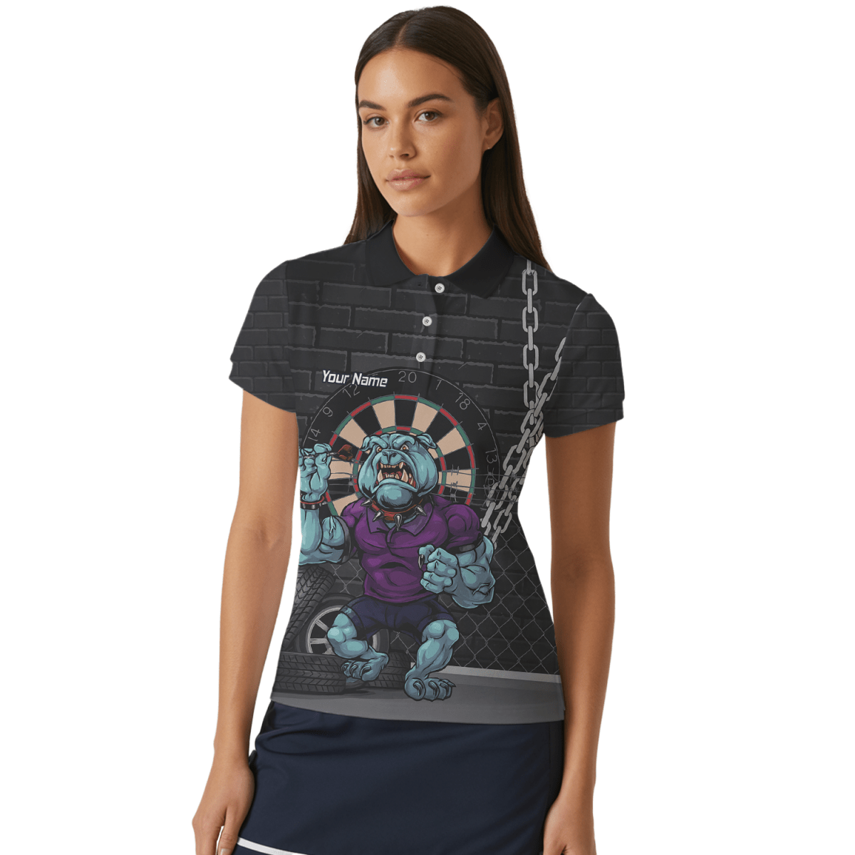 Personalisiertes Damen Dart Poloshirt mit Bulldogge Motiv – Schwarz Blau Lila K4947 - Outfitsuche