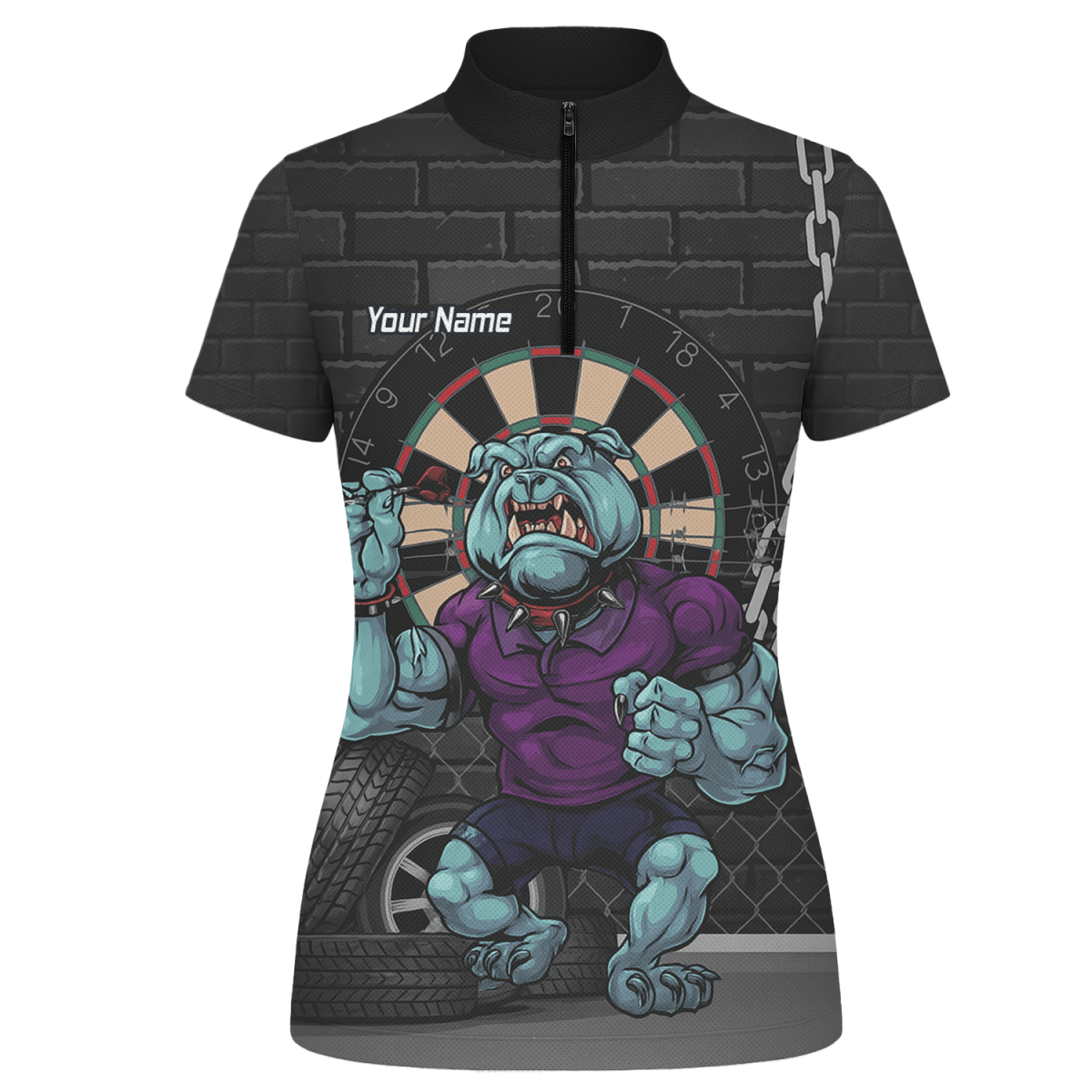 Personalisiertes Damen Dart Poloshirt mit Bulldogge Motiv – Schwarz Blau Lila K4947 - Outfitsuche