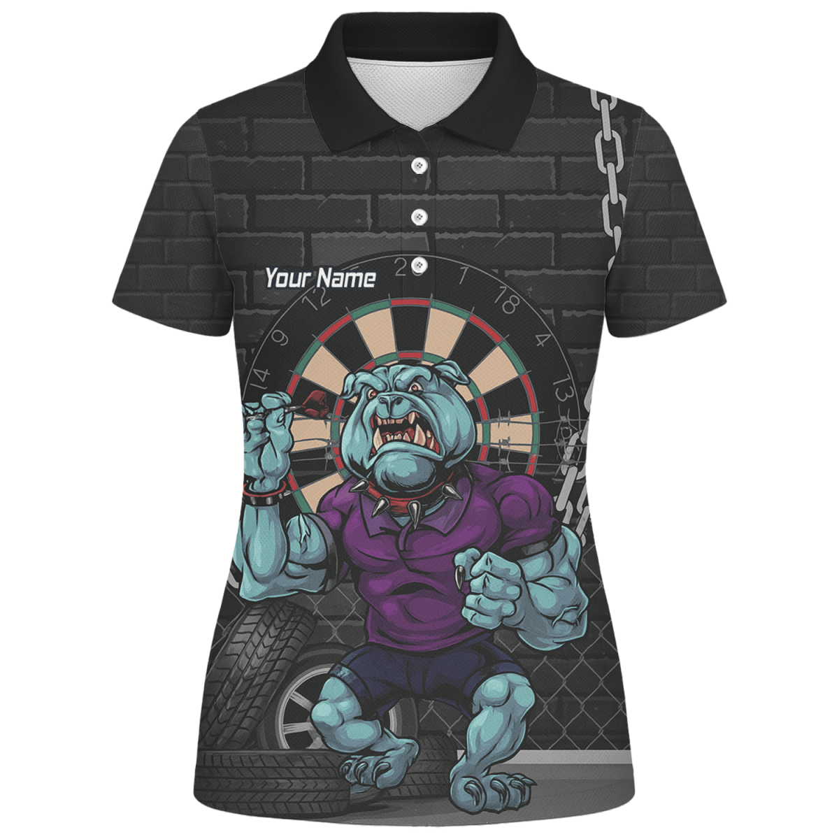 Personalisiertes Damen Dart Poloshirt mit Bulldogge Motiv – Schwarz Blau Lila K4947 - Outfitsuche