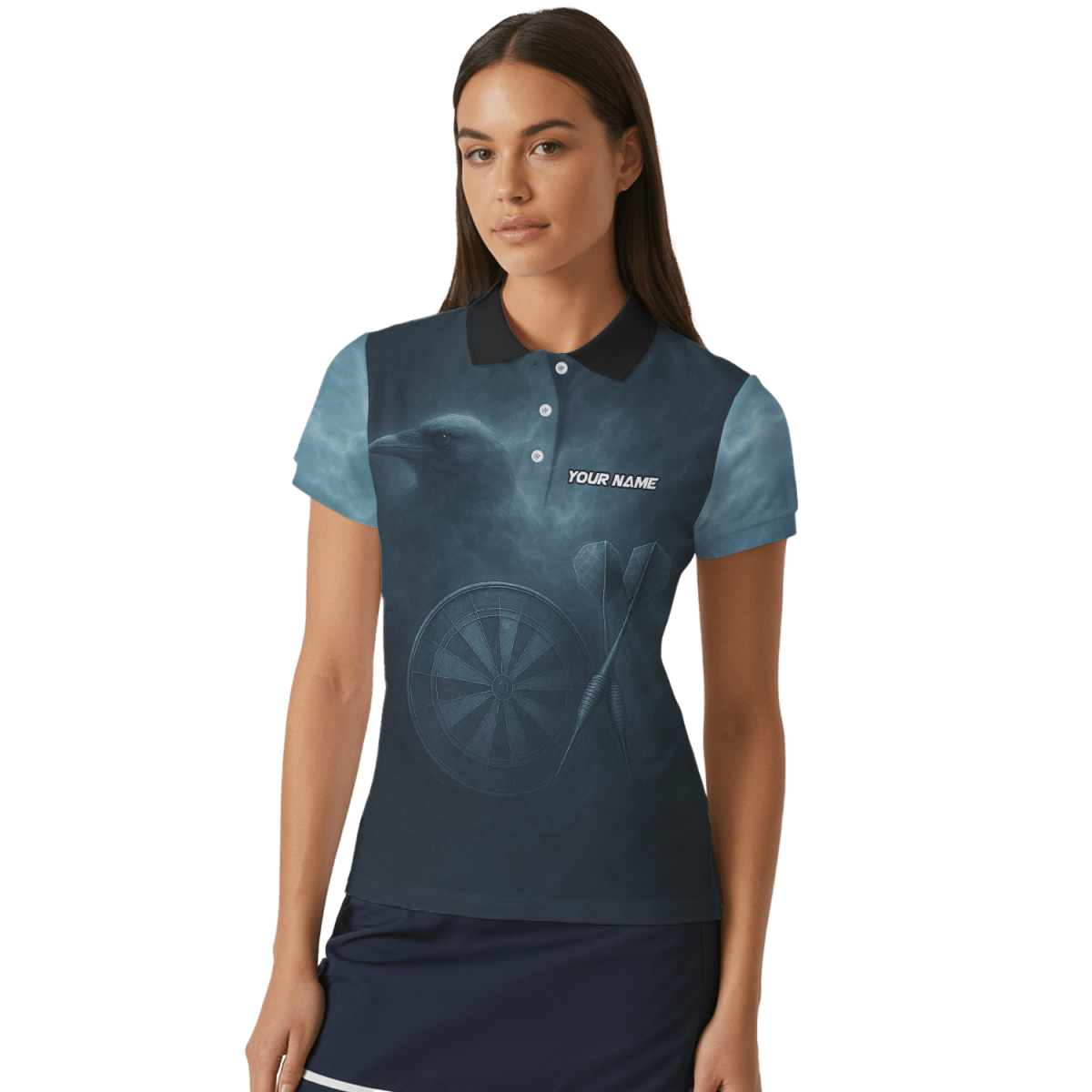 Personalisiertes Damen Dart - Poloshirt mit Wikinger Rabenschädel Dunkelblau W1489 - Outfitsuche