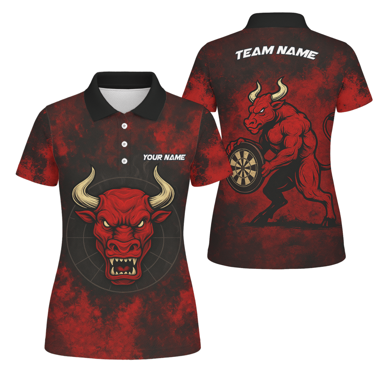 Personalisiertes Damen Dart Poloshirt Rot Schwarz im Red Bull Grunge Design mit Wunschname & Teamname W8023 - Outfitsuche