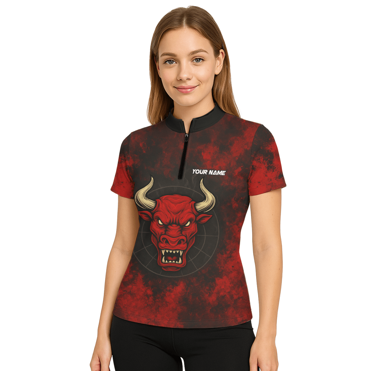 Personalisiertes Damen Dart Poloshirt Rot Schwarz im Red Bull Grunge Design mit Wunschname & Teamname W8023 - Outfitsuche