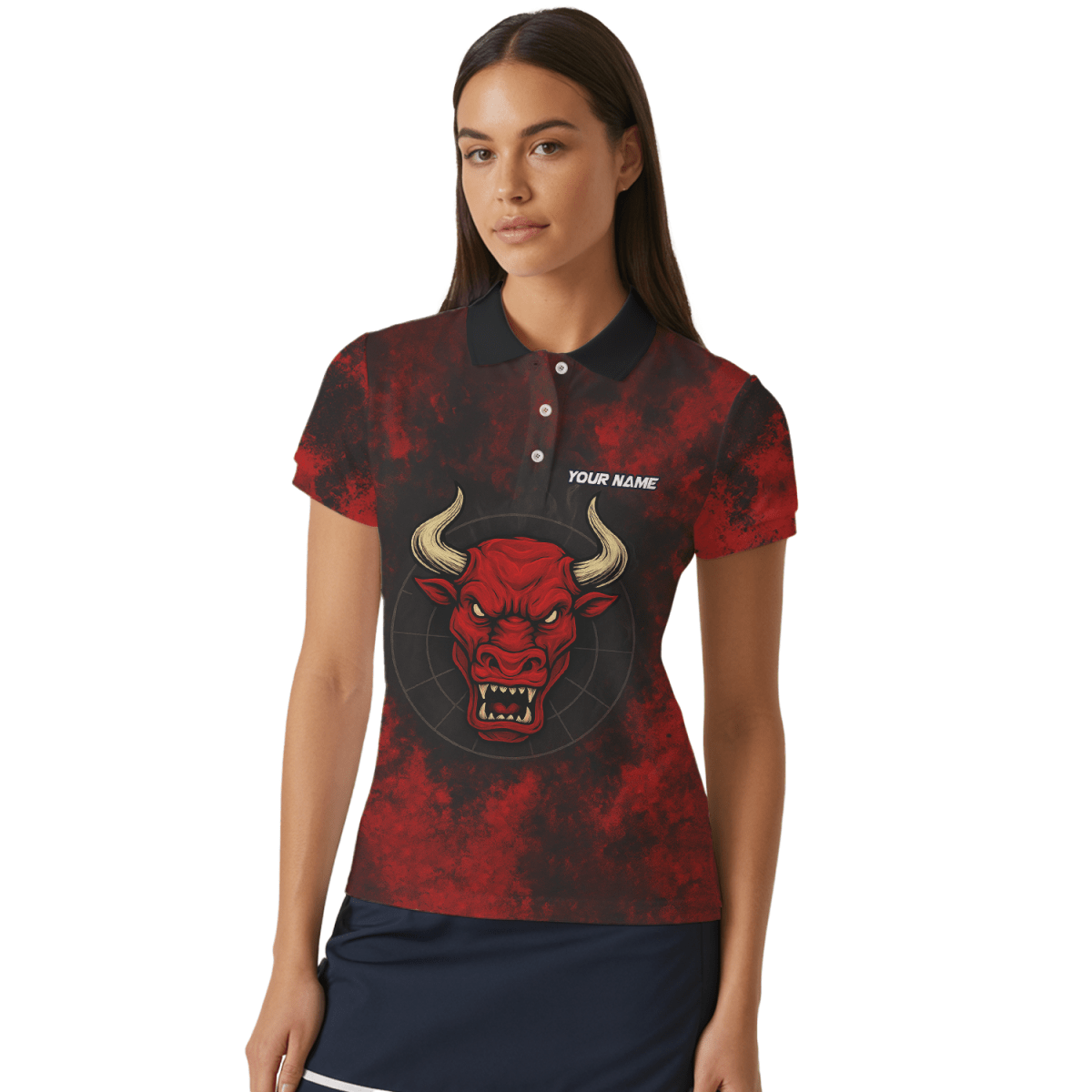 Personalisiertes Damen Dart Poloshirt Rot Schwarz im Red Bull Grunge Design mit Wunschname & Teamname W8023 - Outfitsuche