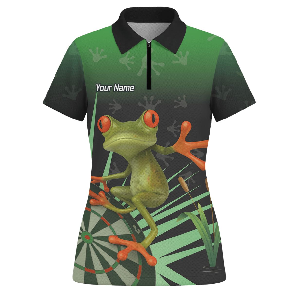 Personalisiertes Damen Dart - Poloshirt Rotaugenlaubfrosch Motiv Grün Schwarz I4840 - Outfitsuche
