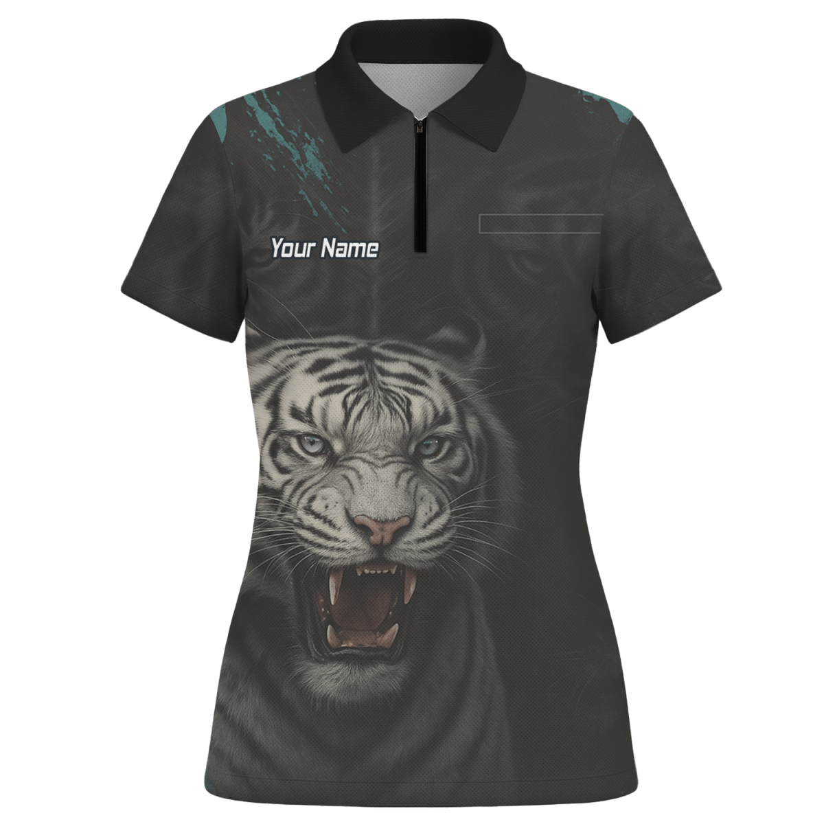 Personalisiertes Damen Dart Poloshirt Schwarz, Brüllender Weißer Tiger Motiv Q8496 - Outfitsuche