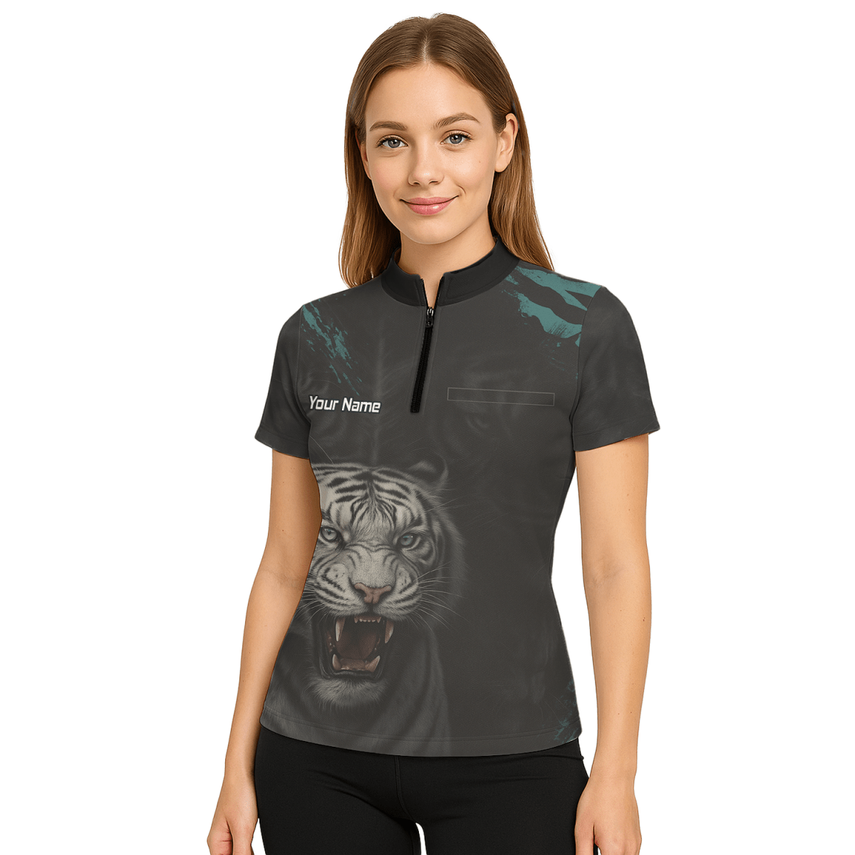 Personalisiertes Damen Dart Poloshirt Schwarz, Brüllender Weißer Tiger Motiv Q8496 - Outfitsuche