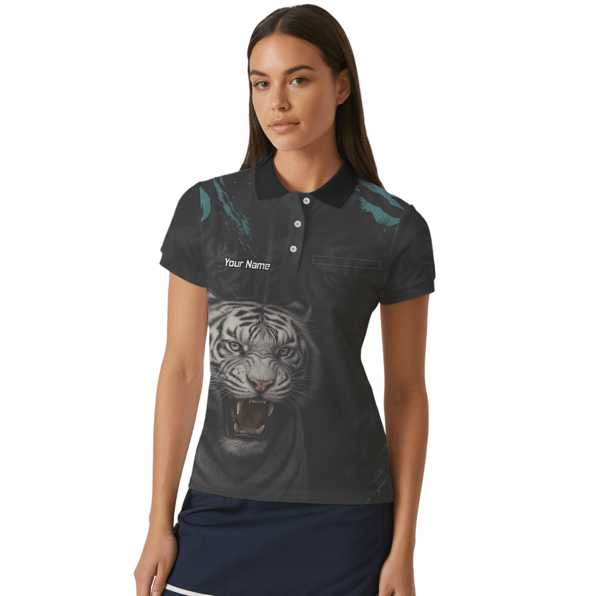 Personalisiertes Damen Dart Poloshirt Schwarz, Brüllender Weißer Tiger Motiv Q8496 - Outfitsuche