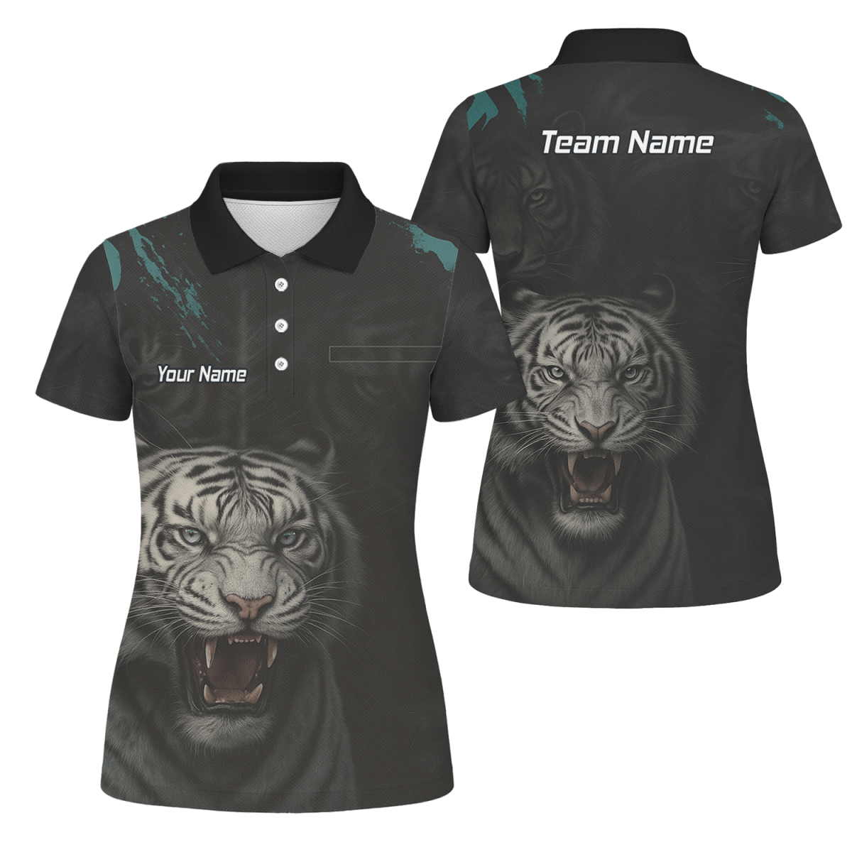 Personalisiertes Damen Dart Poloshirt Schwarz, Brüllender Weißer Tiger Motiv Q8496 - Outfitsuche
