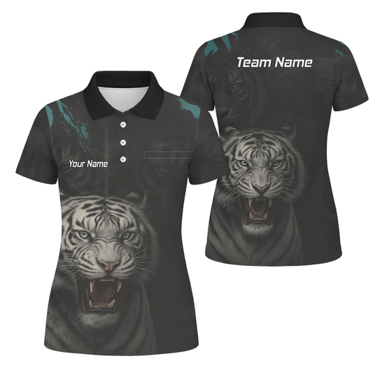 Personalisiertes Damen Dart Poloshirt Schwarz, Brüllender Weißer Tiger Motiv Q8496 - Outfitsuche