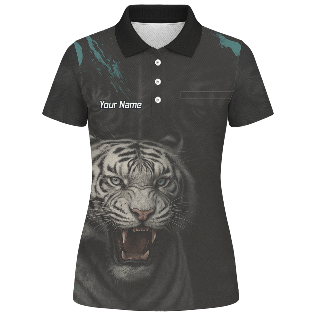 Personalisiertes Damen Dart Poloshirt Schwarz, Brüllender Weißer Tiger Motiv Q8496 - Outfitsuche