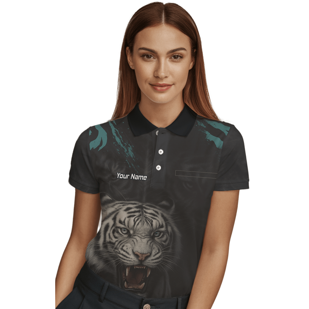 Personalisiertes Damen Dart Poloshirt Schwarz, Brüllender Weißer Tiger Motiv Q8496 - Outfitsuche