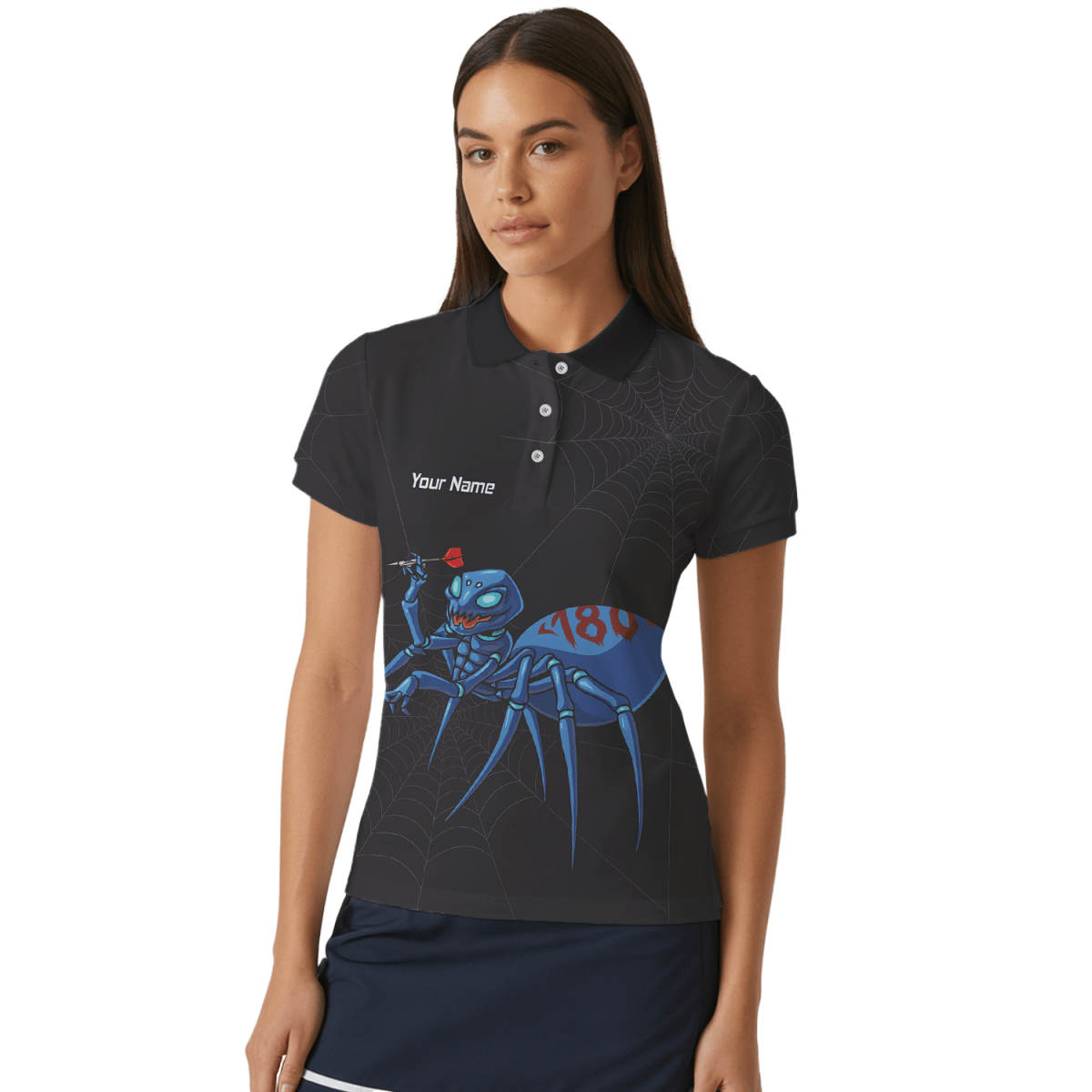 Personalisiertes Damen Dart Poloshirt Schwarz, Motiv Blaue Spinne 180 U3736 - Outfitsuche