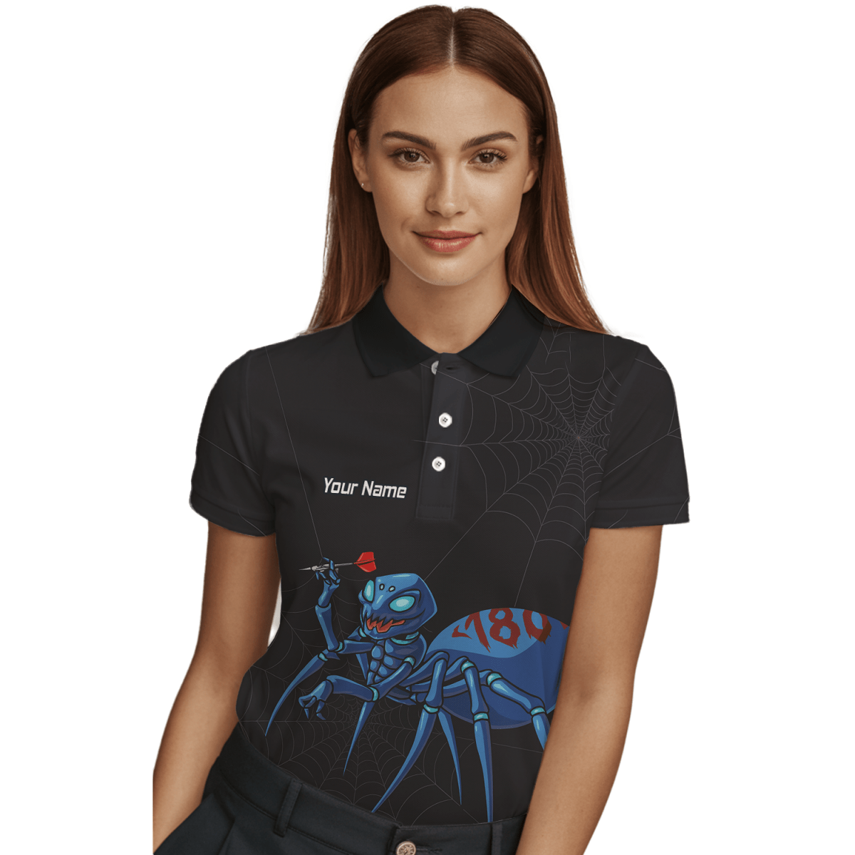 Personalisiertes Damen Dart Poloshirt Schwarz, Motiv Blaue Spinne 180 U3736 - Outfitsuche