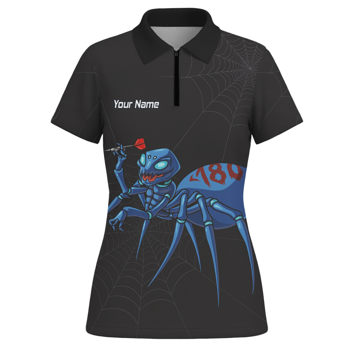 Personalisiertes Damen Dart Poloshirt Schwarz, Motiv Blaue Spinne 180 U3736 - Outfitsuche