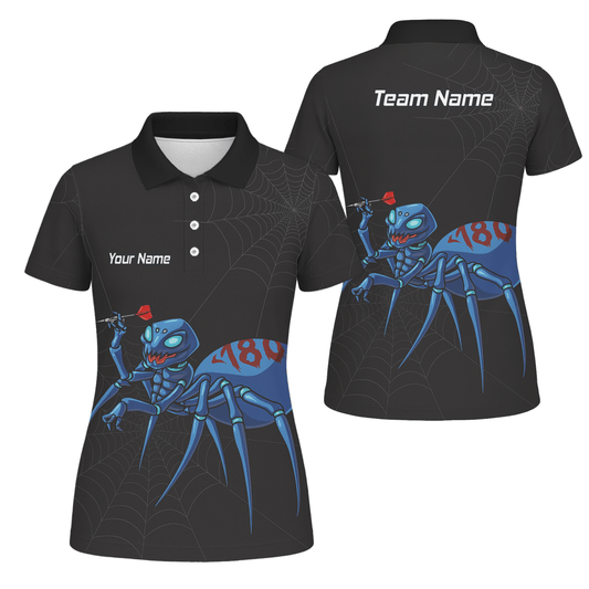 Personalisiertes Damen Dart Poloshirt Schwarz, Motiv Blaue Spinne 180 U3736 - Outfitsuche