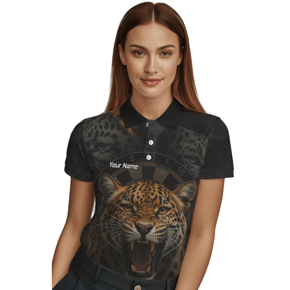 Personalisiertes Damen Dart Poloshirt – Schwarzer Leoparden - Print U4010 - Outfitsuche