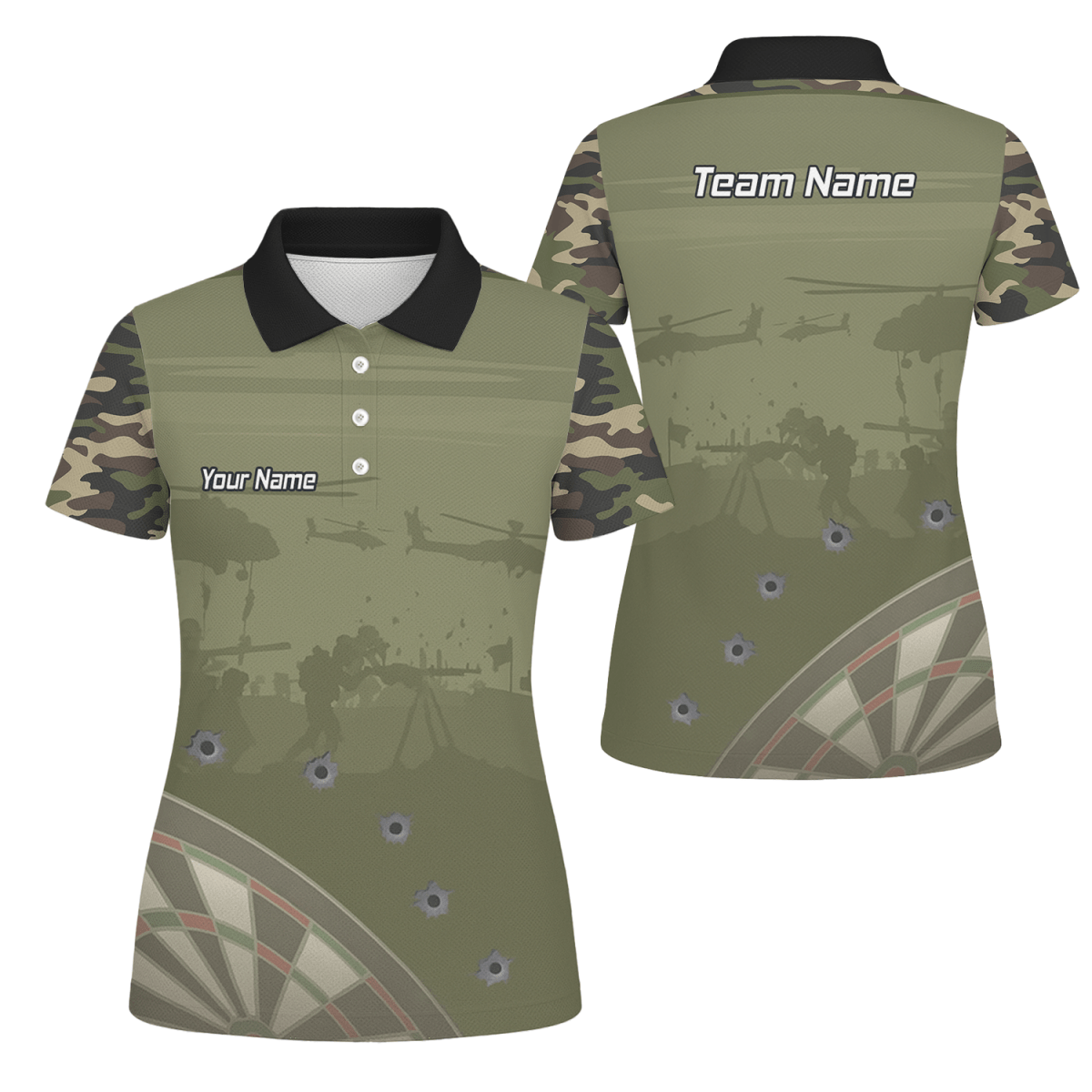 Personalisiertes Damen Dart - Poloshirt | Warzone Camouflage Olivgrün mit Kugellöchern N6504 - Outfitsuche