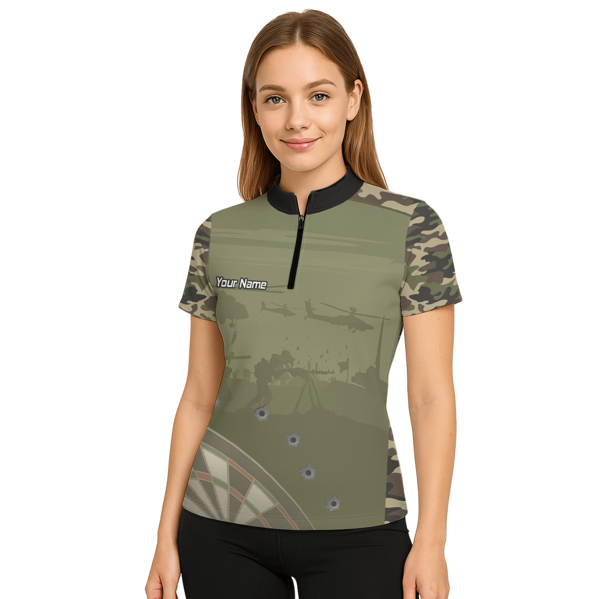 Personalisiertes Damen Dart - Poloshirt | Warzone Camouflage Olivgrün mit Kugellöchern N6504 - Outfitsuche