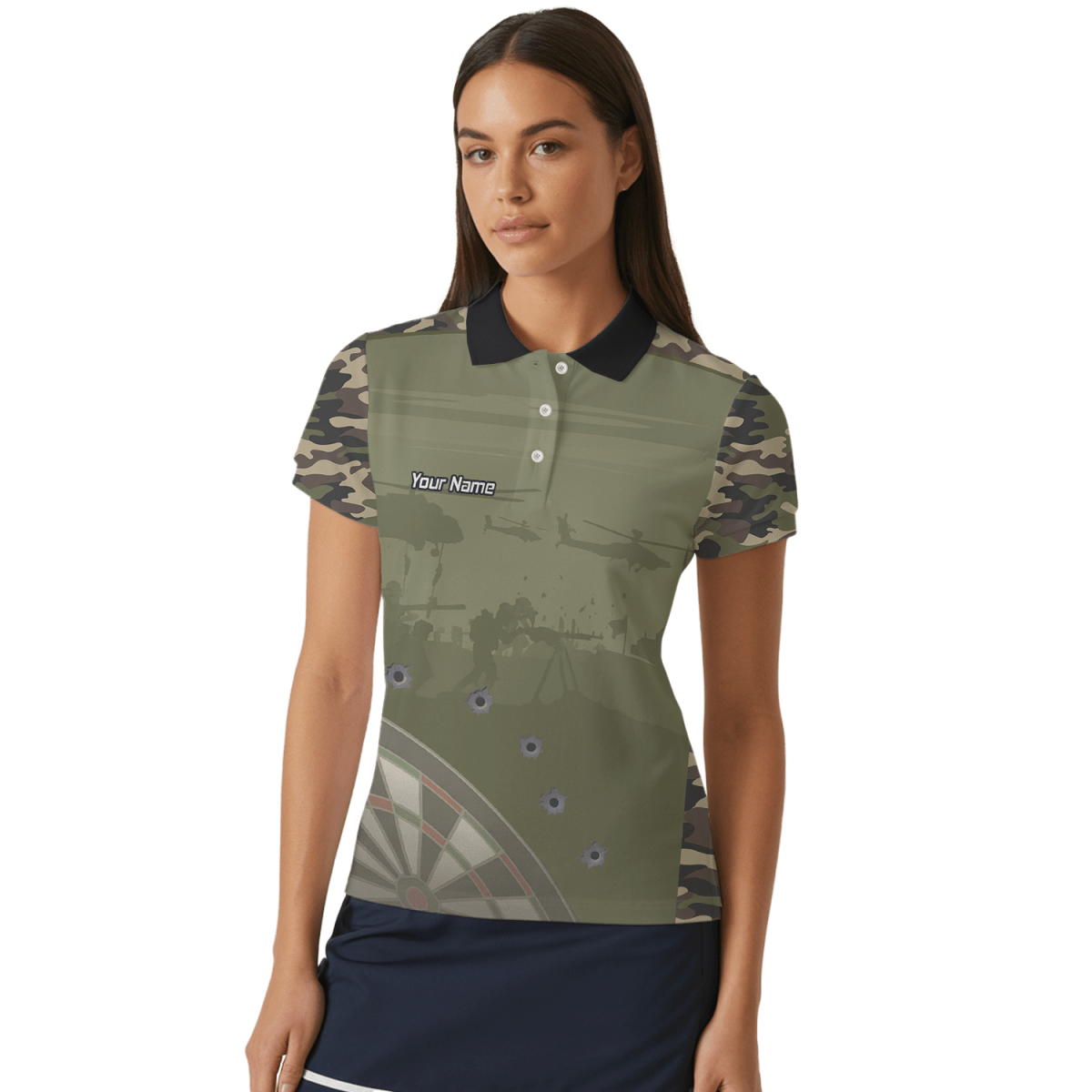 Personalisiertes Damen Dart - Poloshirt | Warzone Camouflage Olivgrün mit Kugellöchern N6504 - Outfitsuche