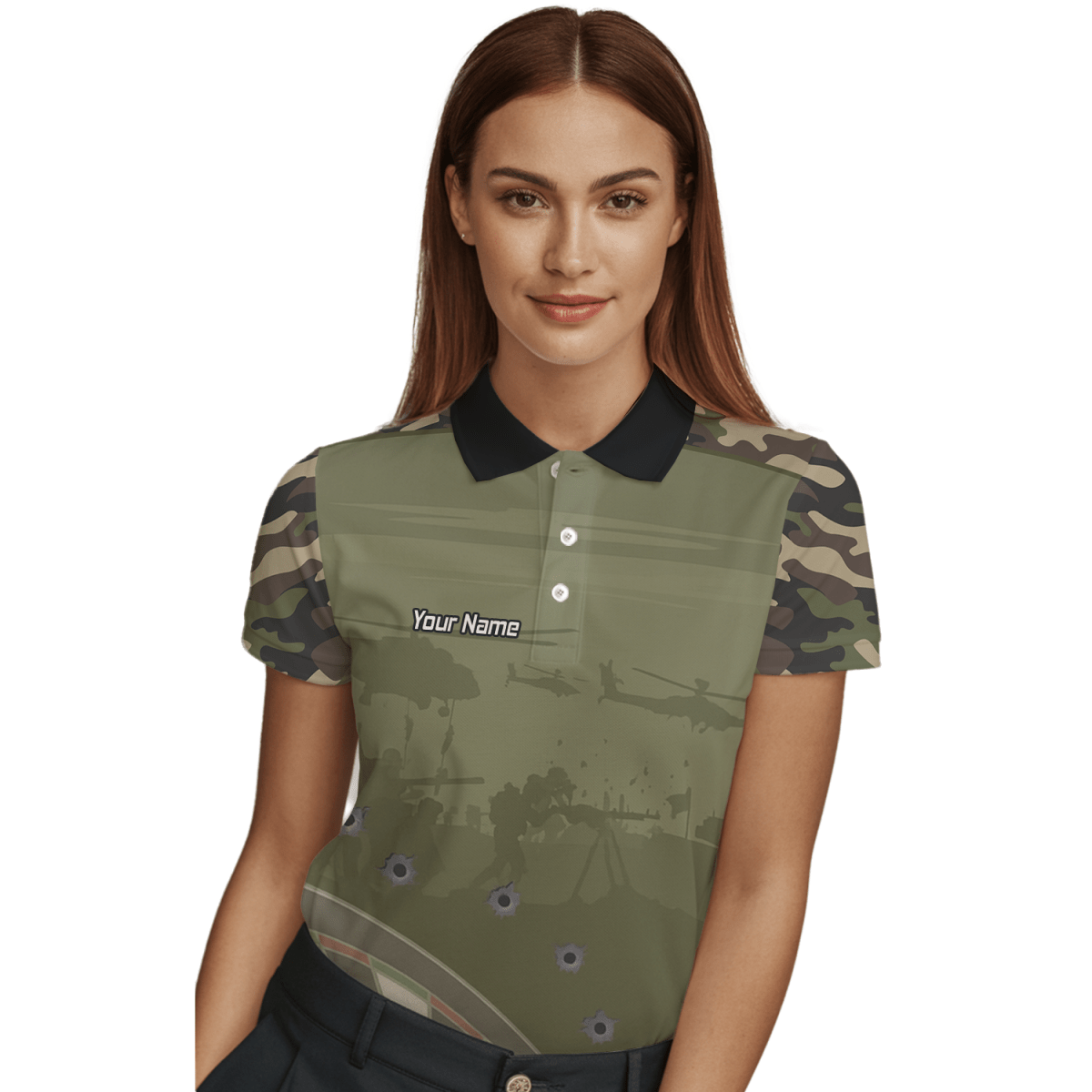 Personalisiertes Damen Dart - Poloshirt | Warzone Camouflage Olivgrün mit Kugellöchern N6504 - Outfitsuche