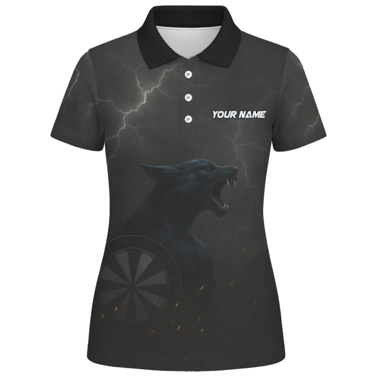Personalisiertes Damen Darts Polo - Shirt Dunkler Wolf Blitz A1881 - Outfitsuche