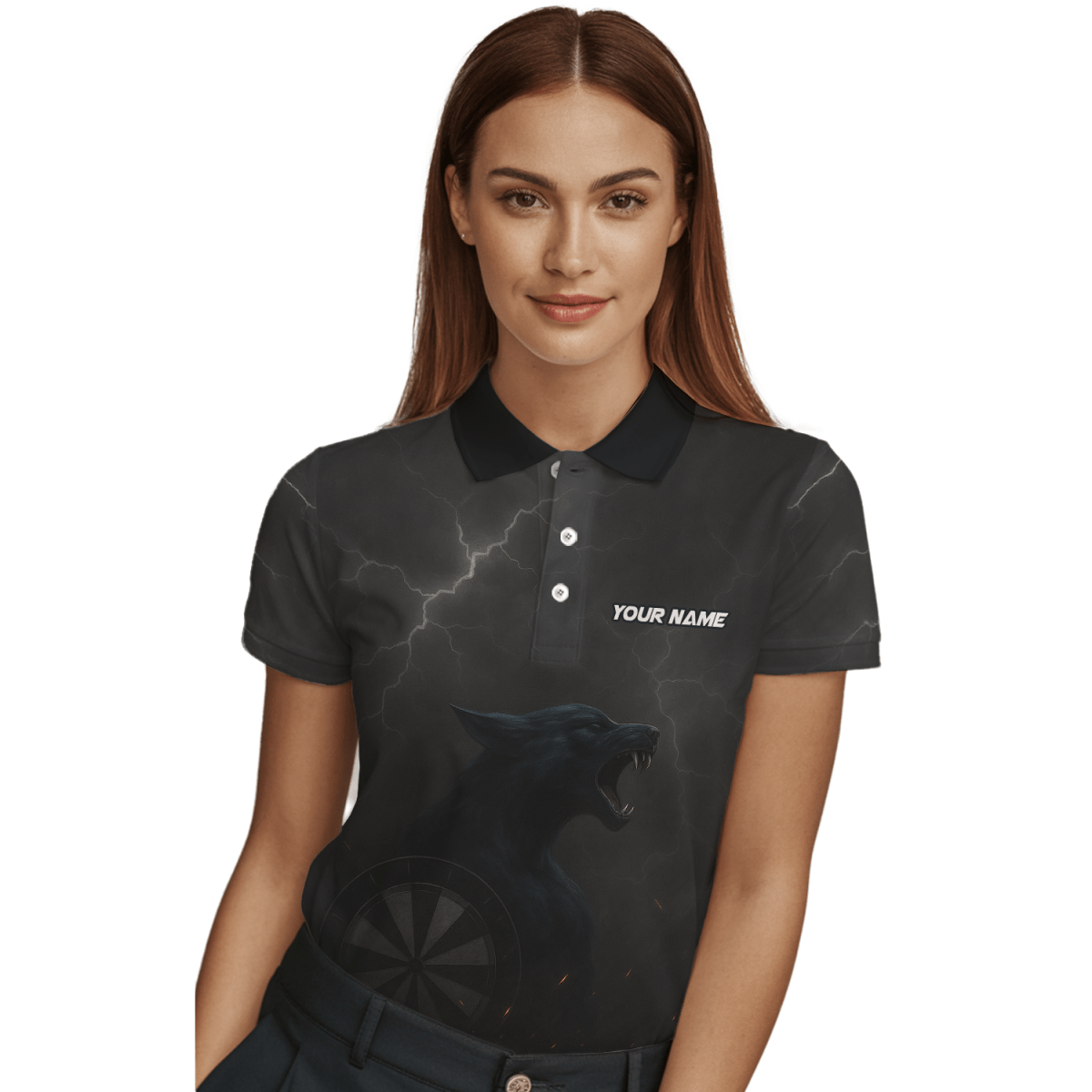 Personalisiertes Damen Darts Polo - Shirt Dunkler Wolf Blitz A1881 - Outfitsuche
