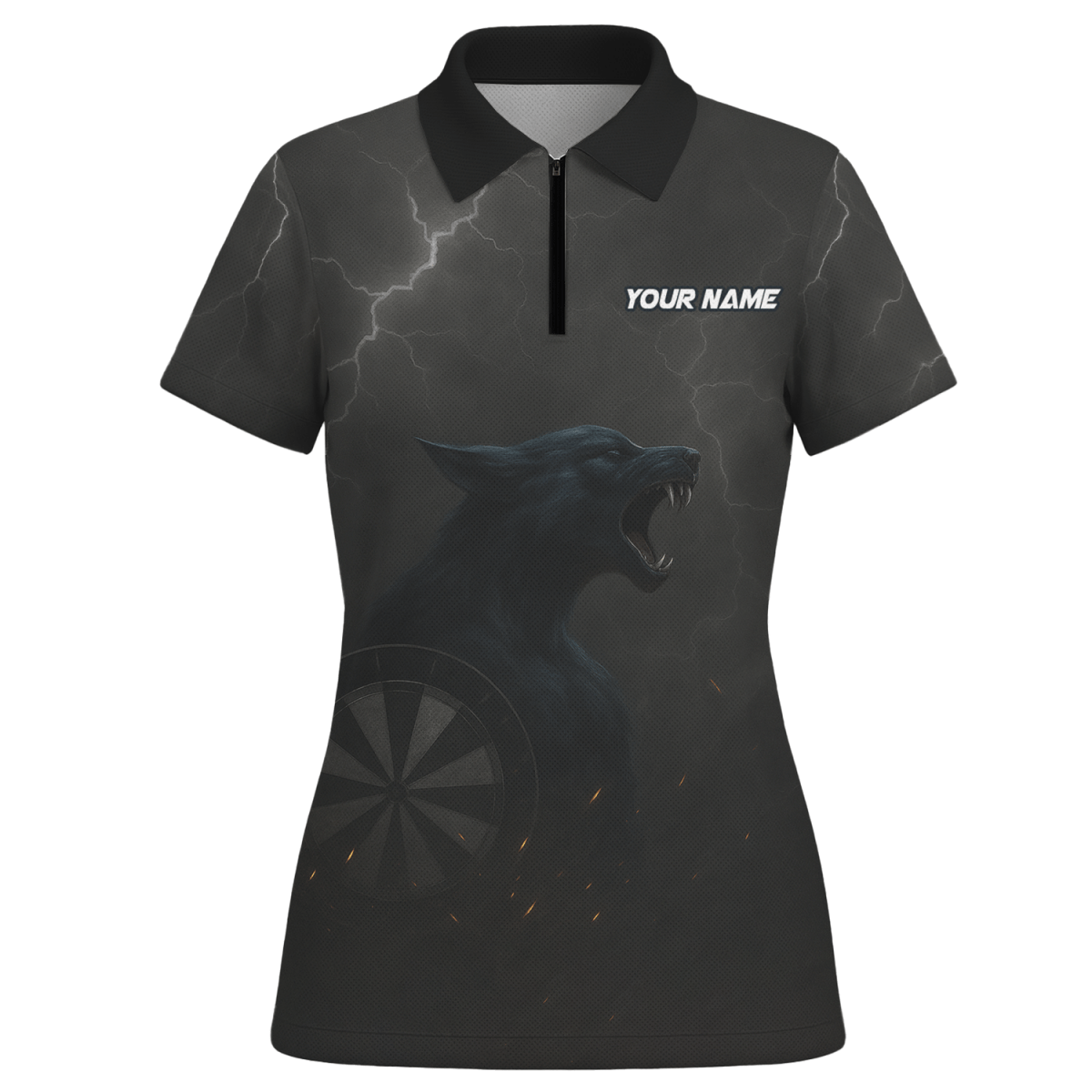 Personalisiertes Damen Darts Polo - Shirt Dunkler Wolf Blitz A1881 - Outfitsuche