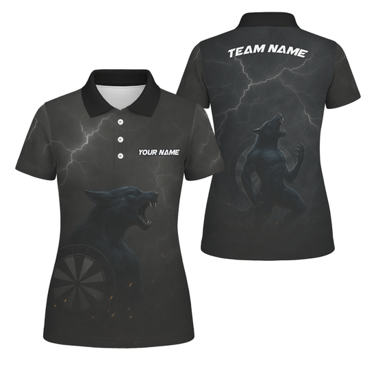Personalisiertes Damen Darts Polo - Shirt Dunkler Wolf Blitz A1881 - Outfitsuche