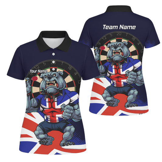 Personalisiertes Damen Darts Poloshirt – Britische Bulldogge & Union Jack Motiv, Marineblau L8151 - Outfitsuche