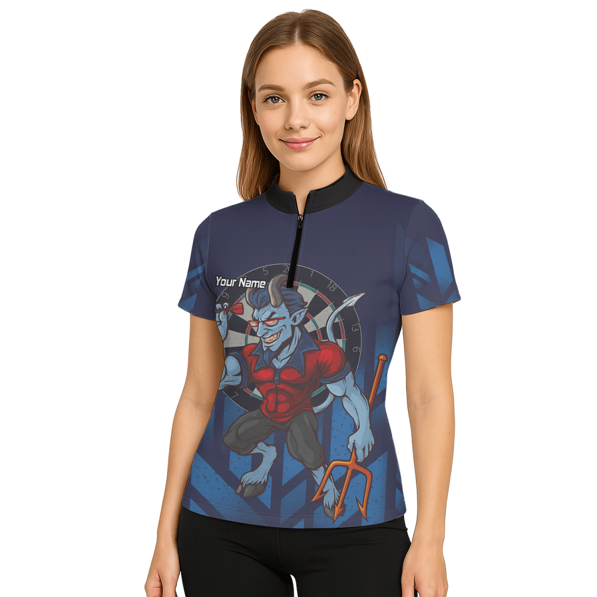 Personalisiertes Damen Darts Poloshirt Frecher Blauer Teufel Motiv Marine Rot S4696 - Outfitsuche