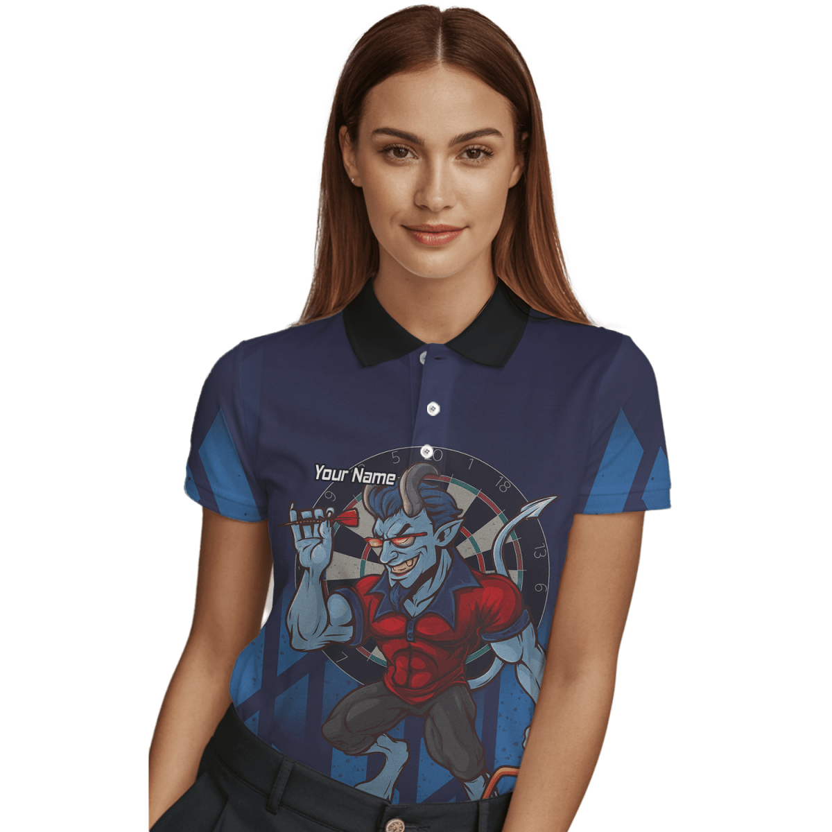 Personalisiertes Damen Darts Poloshirt Frecher Blauer Teufel Motiv Marine Rot S4696 - Outfitsuche