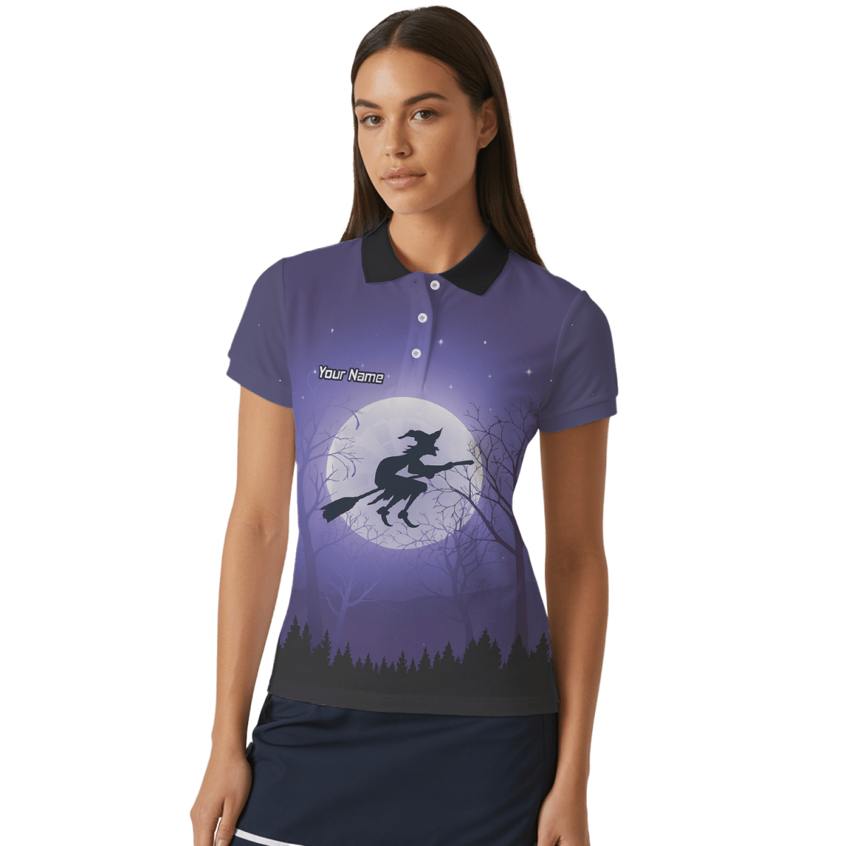 Personalisiertes Damen Darts Poloshirt – Hexen - und Mond - Motiv in Lila Schwarz J5877 - Outfitsuche