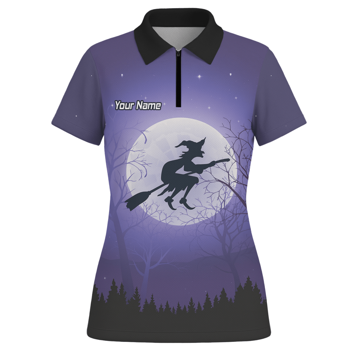 Personalisiertes Damen Darts Poloshirt – Hexen - und Mond - Motiv in Lila Schwarz J5877 - Outfitsuche