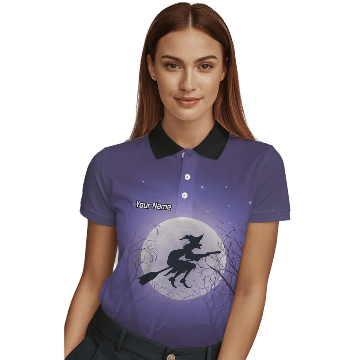 Personalisiertes Damen Darts Poloshirt – Hexen - und Mond - Motiv in Lila Schwarz J5877 - Outfitsuche