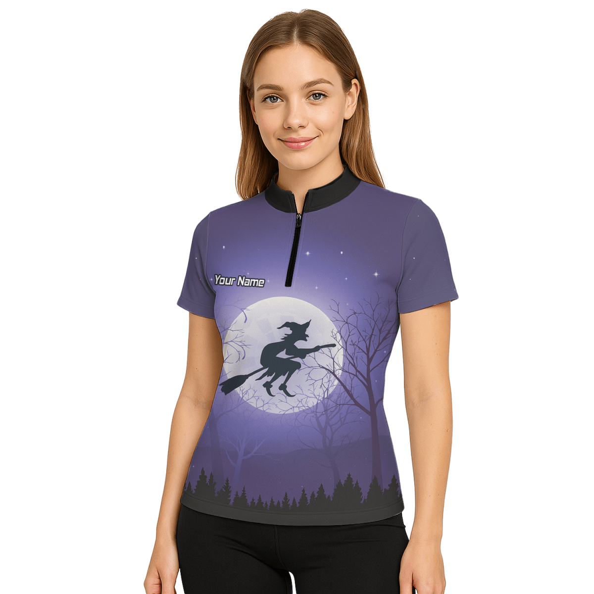 Personalisiertes Damen Darts Poloshirt – Hexen - und Mond - Motiv in Lila Schwarz J5877 - Outfitsuche