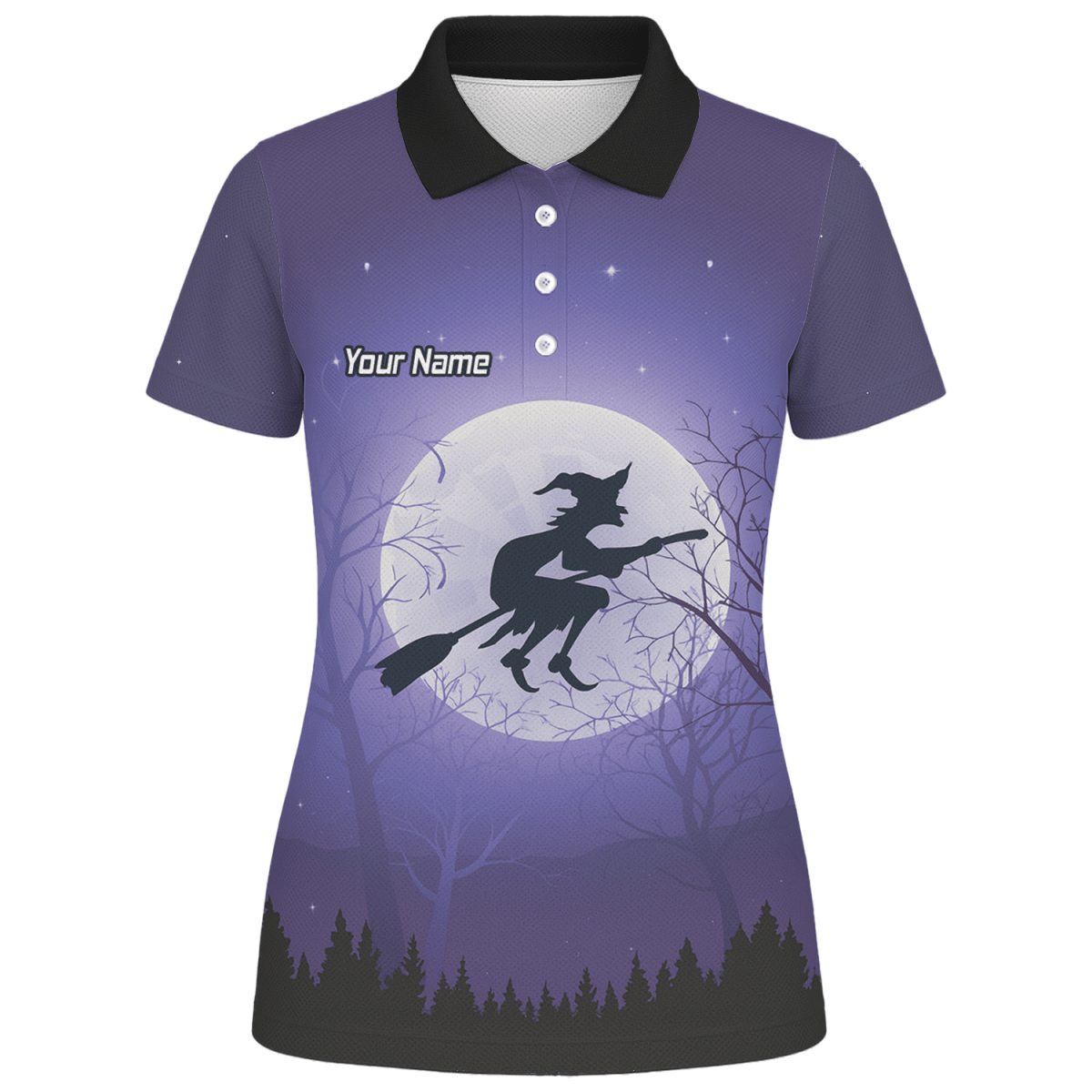 Personalisiertes Damen Darts Poloshirt – Hexen - und Mond - Motiv in Lila Schwarz J5877 - Outfitsuche