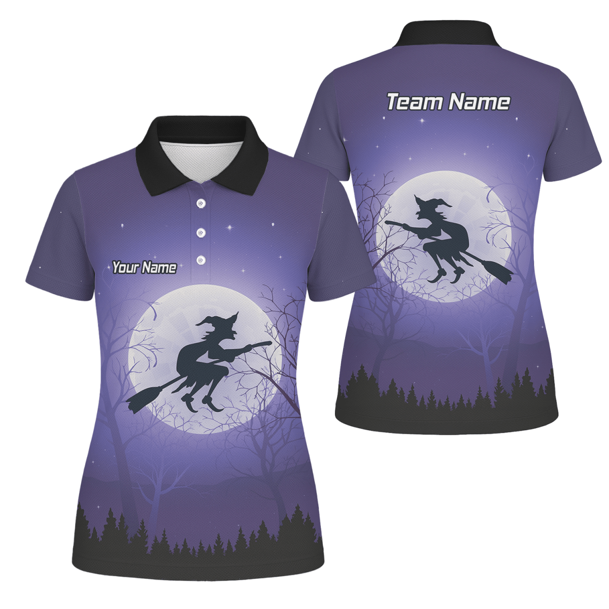 Personalisiertes Damen Darts Poloshirt – Hexen - und Mond - Motiv in Lila Schwarz J5877 - Outfitsuche
